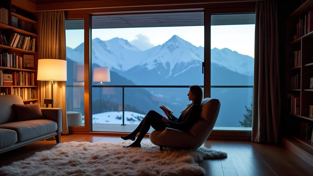 Luxuriöses Lodge-Interieur in Patagonien mit Blick auf die Berge, Lesebereich