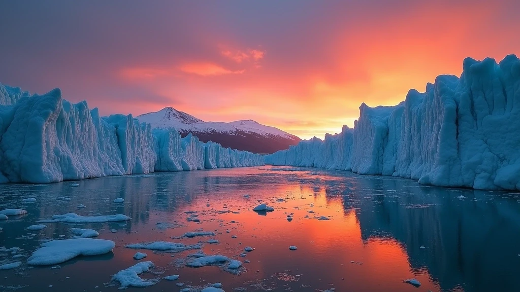 Sonnenuntergang ueber dem Perito Moreno Gletscher in Patagonien, dramatische Farben