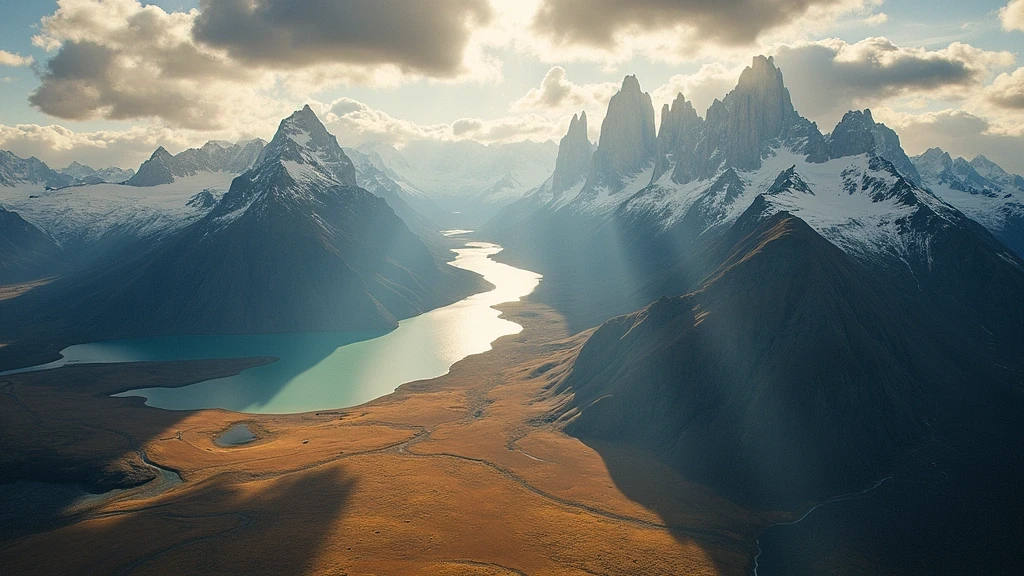 Luftaufnahme der Torres del Paine in Patagonien zur goldenen Stunde mit Gletscherseen