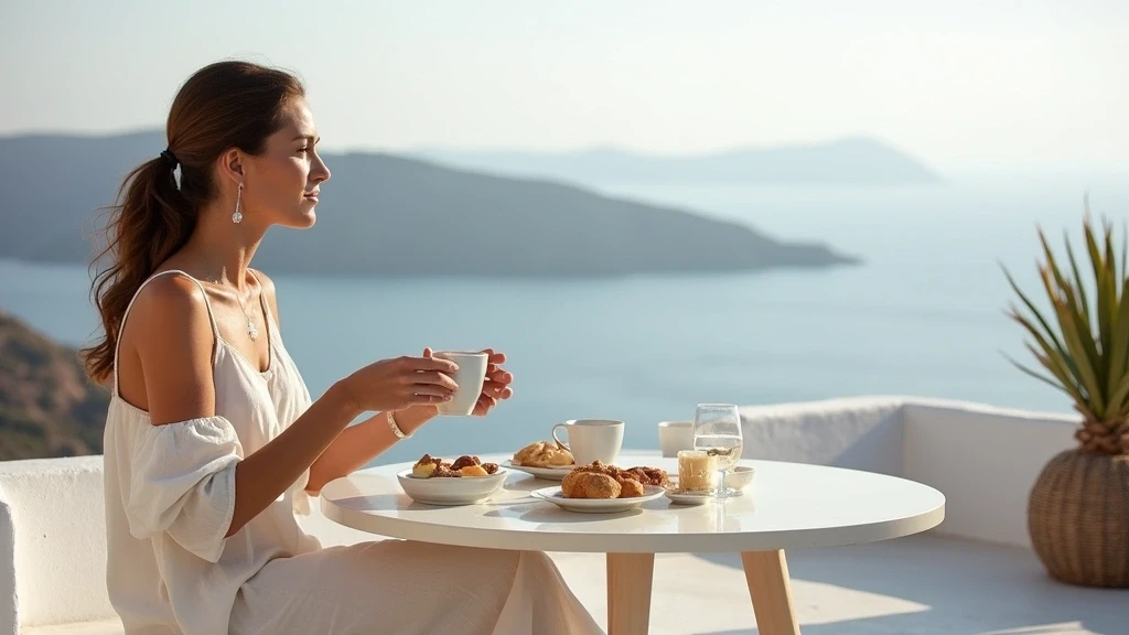 Elegante Frau genießt griechischen Kaffee auf einer Terrasse in Chora, Patmos, mit Meerblick