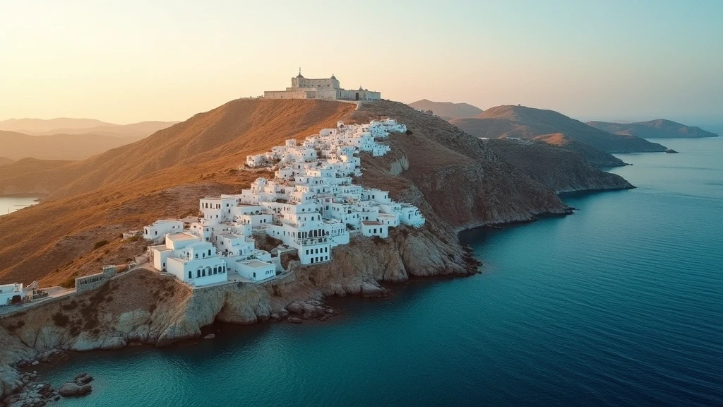 Luftaufnahme der Insel Patmos mit dem Kloster des Heiligen Johannes und weißer Kykladenarchitektur zur goldenen Stunde in Griechenland