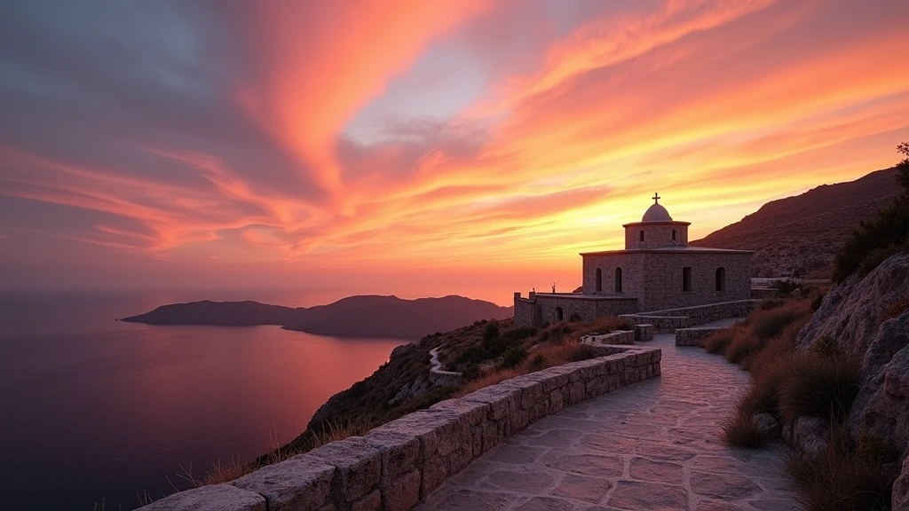 Sonnenuntergang ueber der Aegaeis vom Kloster des Heiligen Johannes auf Patmos, Griechenland