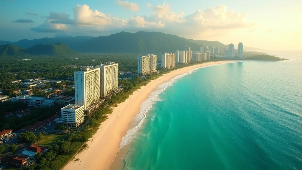 Luftaufnahme der ikonischen Bucht von Pattaya mit goldenen Stränden und Luxushotels zur goldenen Stunde
