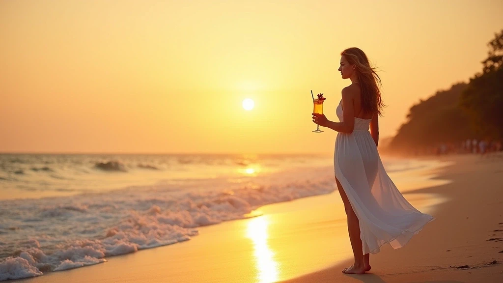Elegante Frau im weissen Kleid am Wong Amat Strand in Pattaya bei Sonnenuntergang