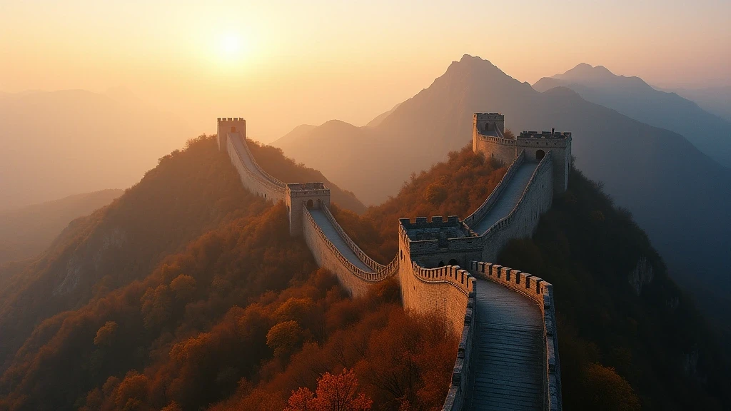 Luftaufnahme der Chinesischen Mauer in Peking zur goldenen Stunde mit Herbstlaub und Bergen