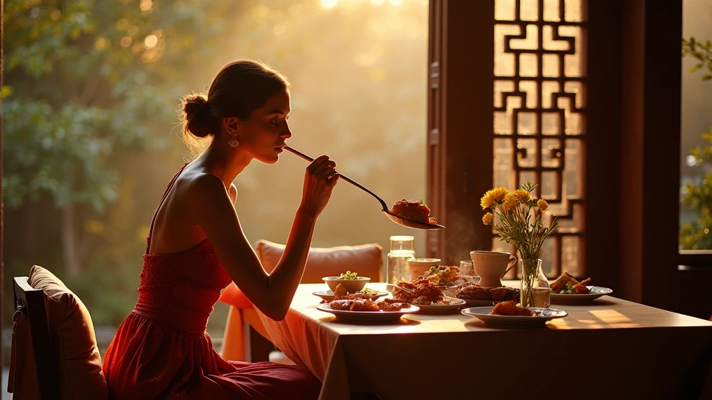 Elegante Frau geniesst Peking-Ente in traditionellem Hofrestaurant in Peking