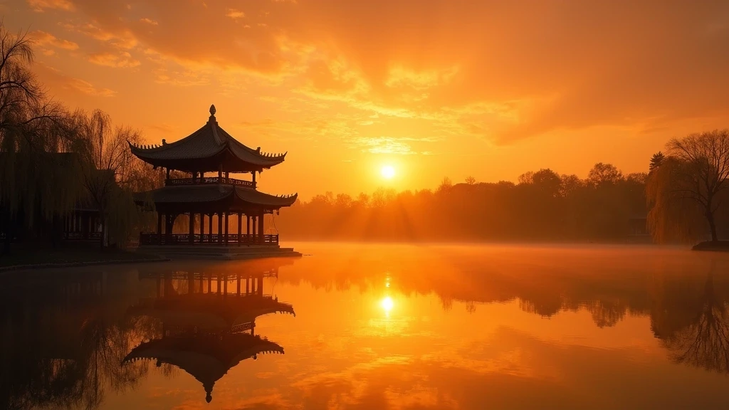 Sonnenuntergang am Sommerpalast in Peking mit Kunming-See und traditionellen Pavillons