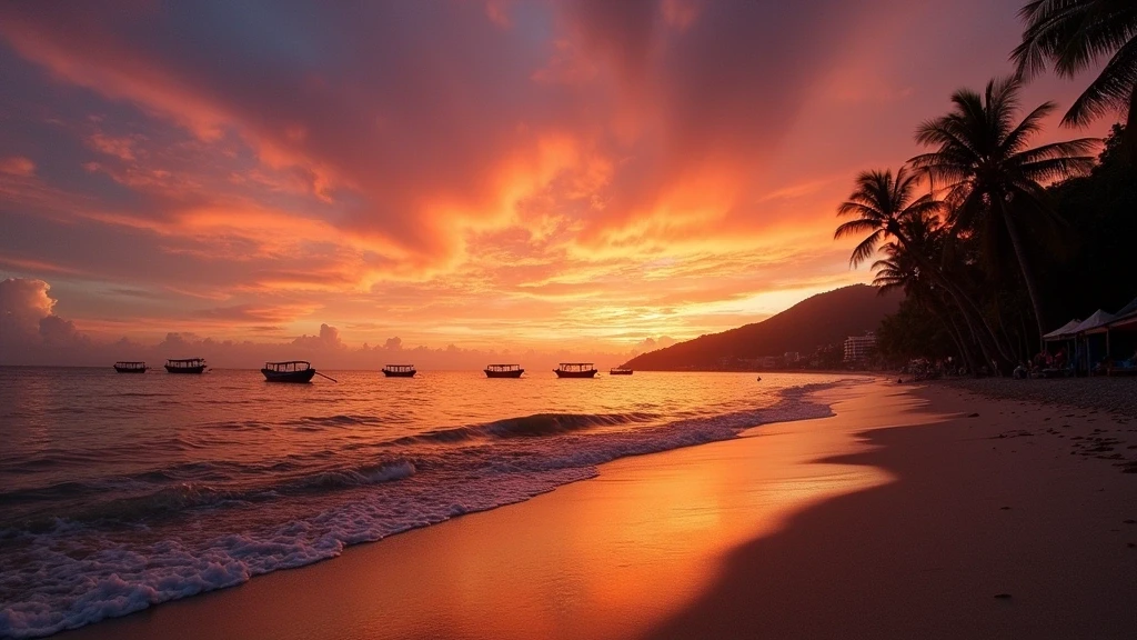 Sonnenuntergang am Batu Ferringhi Strand in Penang, Malaysia