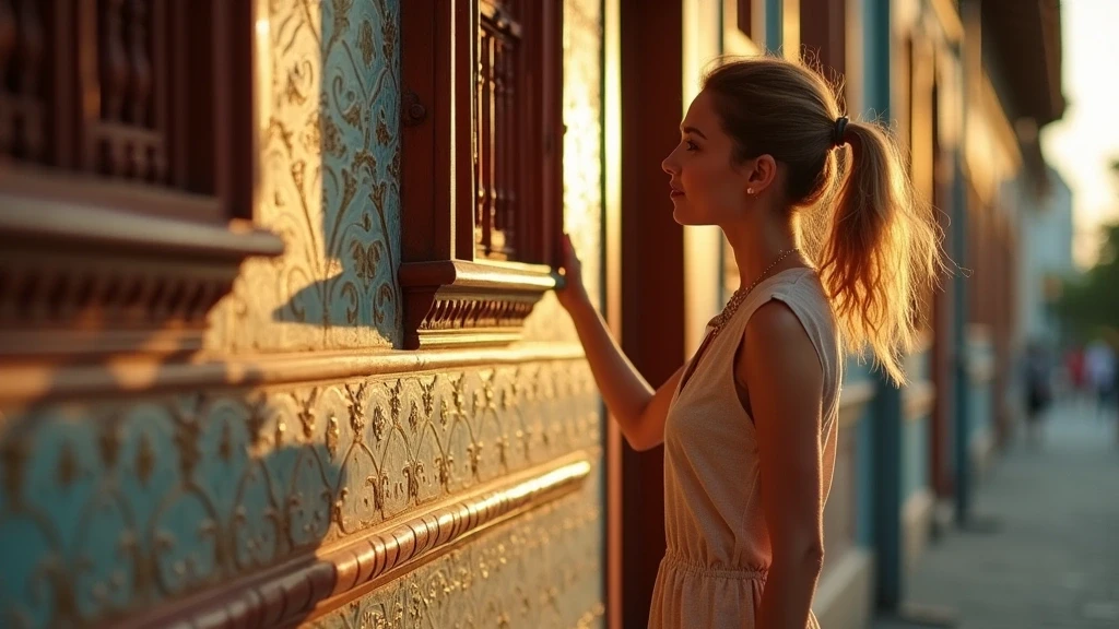 Reisende bewundert Peranakan-Architektur in George Town, Penang