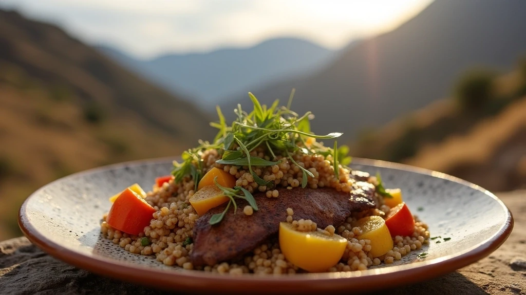 Traditionelle peruanische Kueche auf handgefertigtem Keramikteller mit Andenausblick
