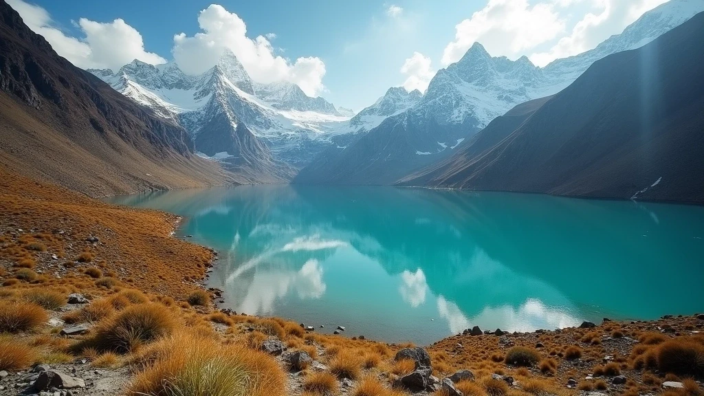 Panoramablick auf tuerkisfarbenen Gletschersee in den peruanischen Anden mit Bergspiegelung