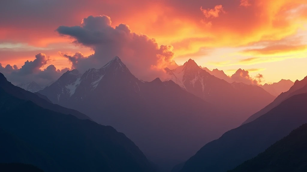 Sonnenuntergang ueber den schroffen Berggipfeln der peruanischen Anden mit dramatischen Wolken
