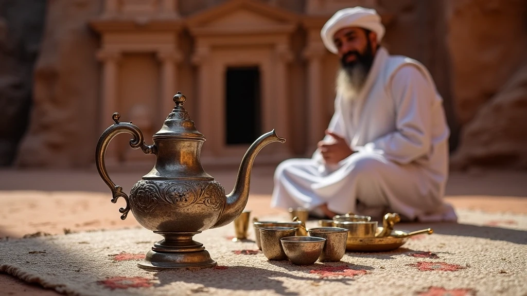 Traditionelle Beduinen-Teezeremonie in Petra, Jordanien mit Silberkannen vor antiken Felszeichnungen