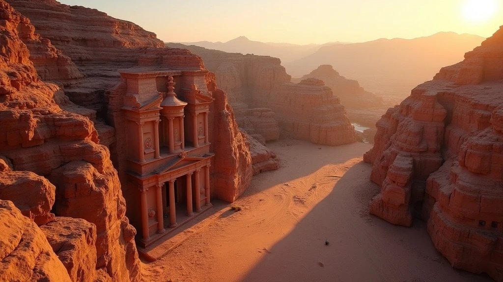 Luftaufnahme des Schatzhauses in Petra, Jordanien zur goldenen Stunde mit dramatischen Sandsteinfelsen