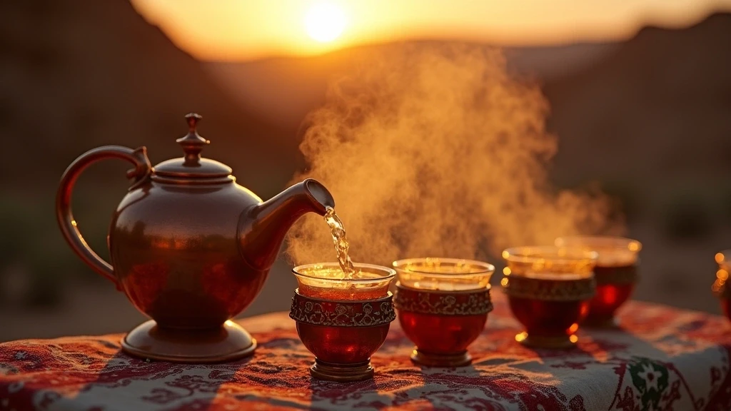 Traditionelle Beduinen-Teezeremonie im Wuestencamp von Petra bei Sonnenuntergang