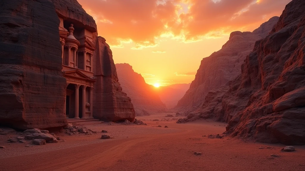 Sonnenuntergang ueber dem Schatzhaus von Petra mit rosaroten Felsen in goldenem Licht