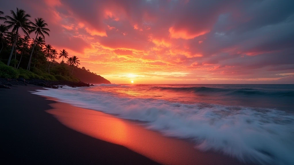 Dramatischer Sonnenuntergang ueber schwarzem Vulkansandstrand in Philippinen mit Palmen-Silhouetten