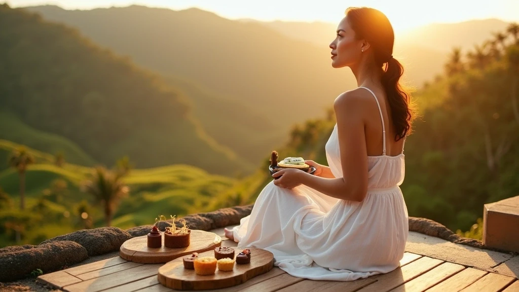 Elegante Frau geniesst traditionelle philippinische Nachmittagsspeisen mit Blick auf Reisterrassen
