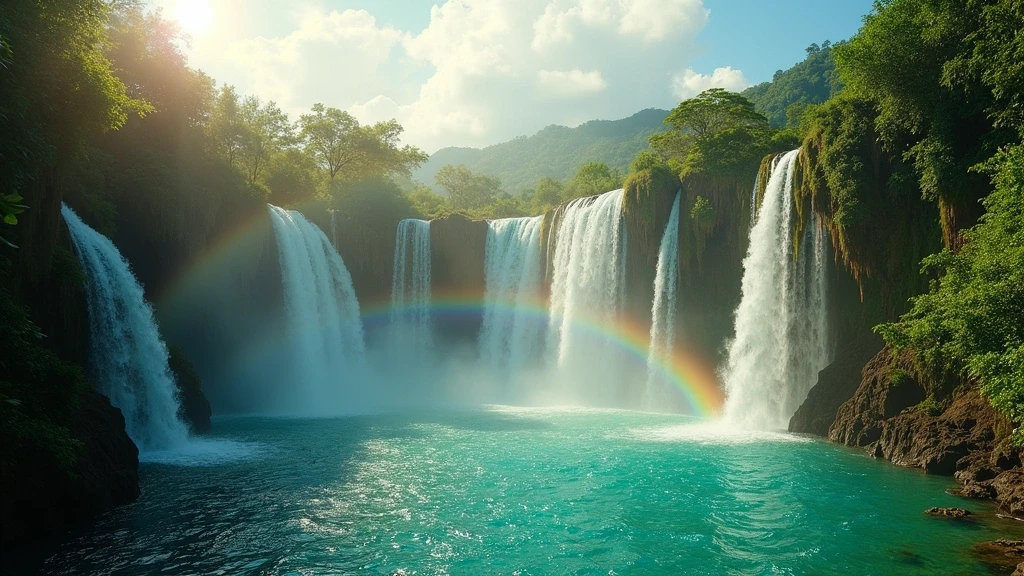 Panoramablick auf tuerkisfarbene Wasserfaelle und Naturpools im Dschungel von Philippinen