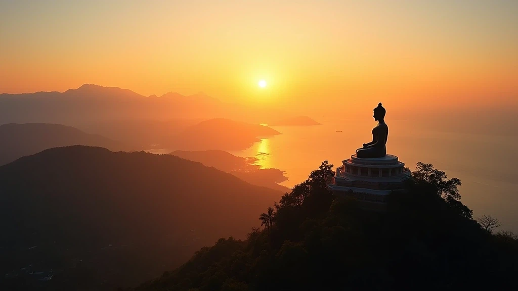 Panoramablick auf den Big Buddha von Phuket bei Sonnenuntergang mit Blick auf die Andamanensee