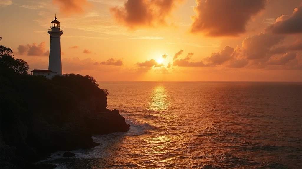 Goldene Stunde am Kap Promthep in Phuket mit dramatischem Sonnenuntergang und Leuchtturm-Silhouette
