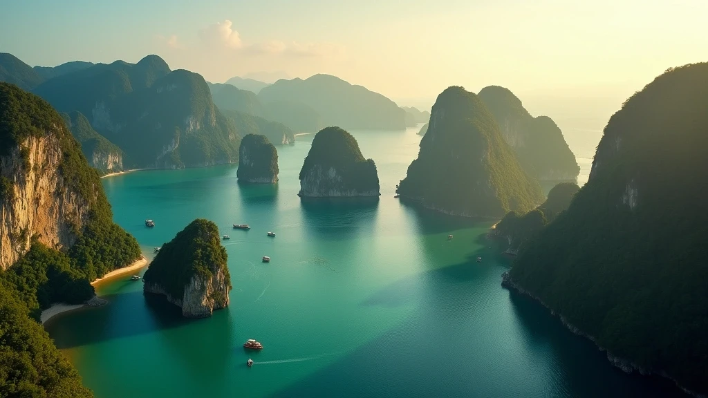 Dramatische Luftaufnahme der Kalksteinfelsen in der Phang Nga Bucht, Phuket, zur goldenen Stunde