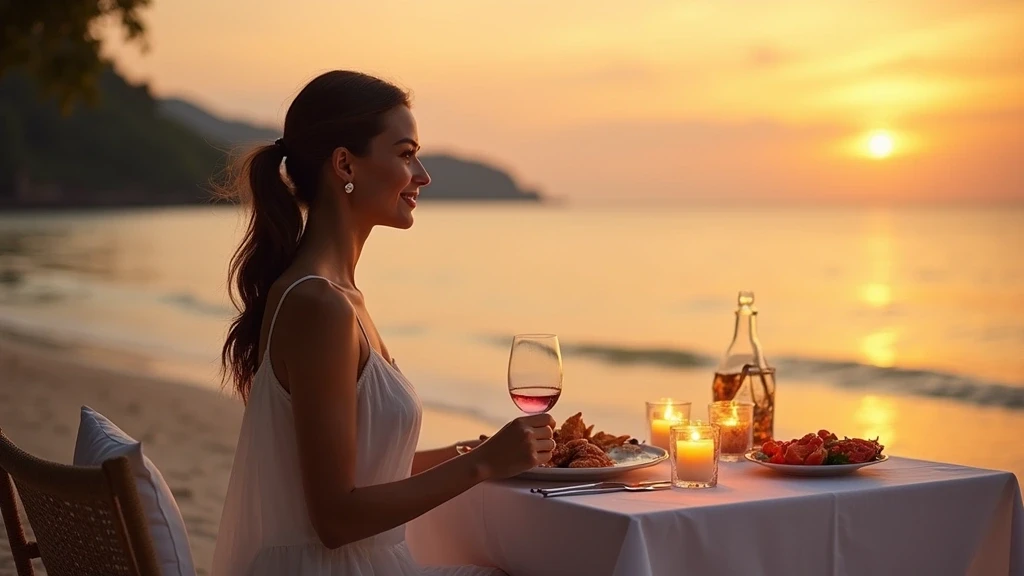 Elegante Frau geniesst Privat-Dinner am Strand in Phuket bei Sonnenuntergang, Luxus-Resort