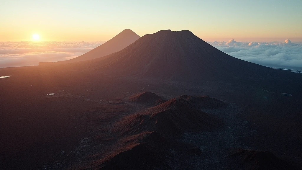 Dramatische Luftaufnahme des Pico del Teide im goldenen Licht mit vulkanischer Landschaft in Spanien