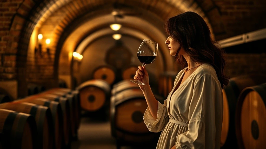 Elegante Frau verkostet Barolo-Wein in einer historischen Cantina in Piemont