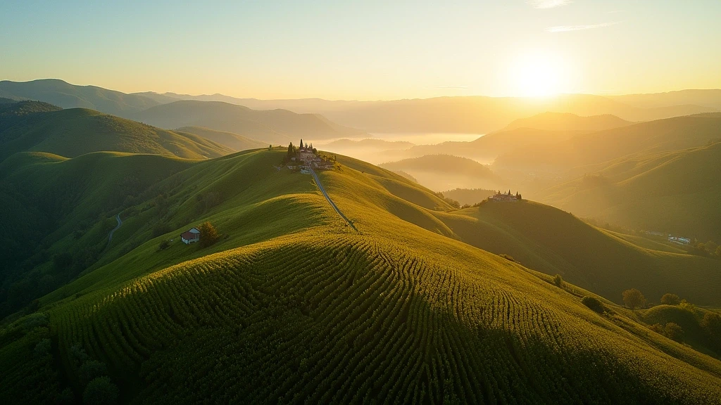 Luftaufnahme der Langhe-Hügel mit Weinbergen und mittelalterlichen Dörfern in Piemont zur goldenen Stunde