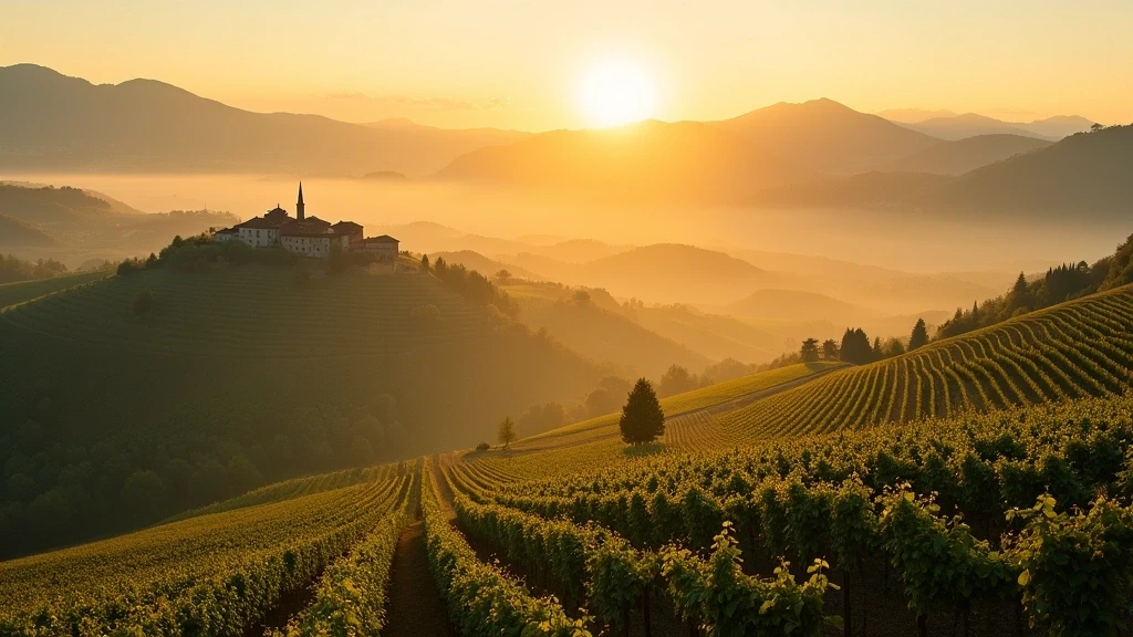 Panoramablick auf die Barolo-Weinregion in Piemont zur goldenen Stunde
