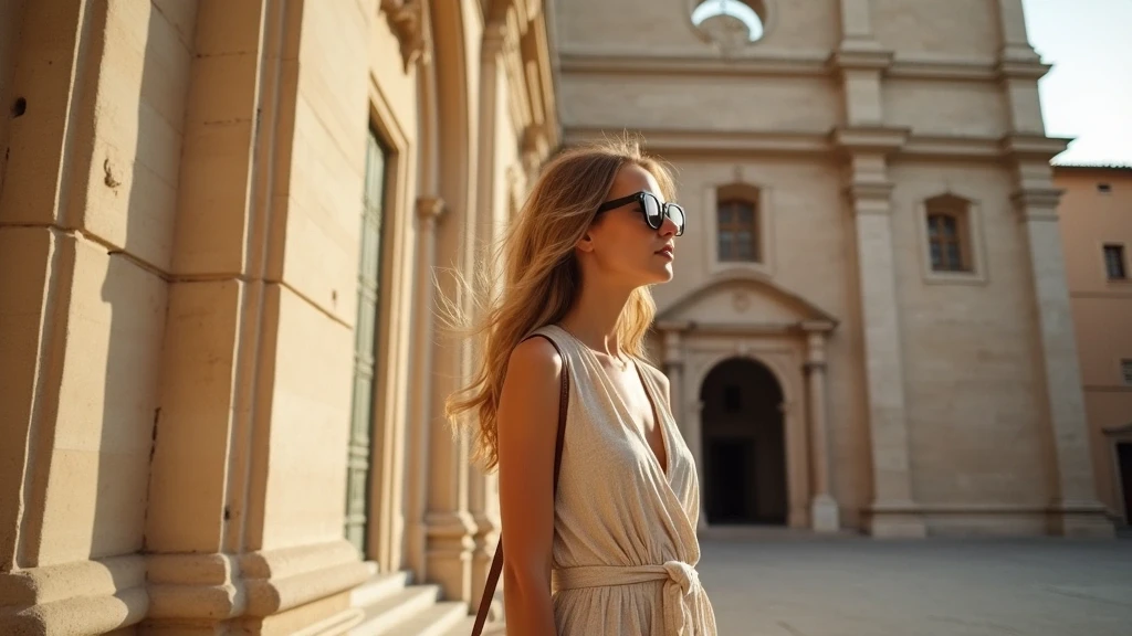 Stylisher Reisender bewundert Renaissance-Architektur am Pienza Dom zur goldenen Stunde