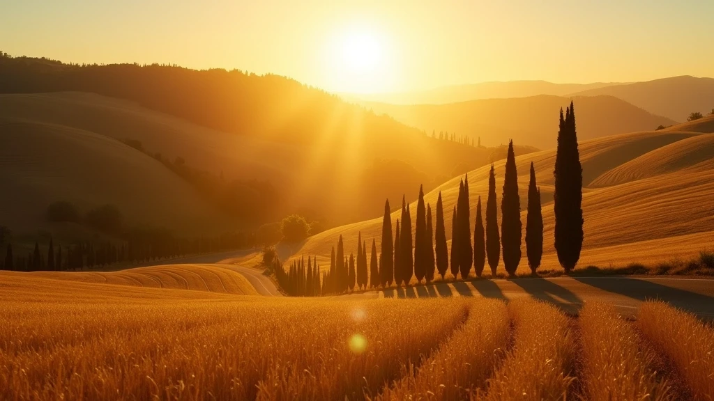Goldene Stunde in der toskanischen Landschaft bei Pienza mit Zypressenallee