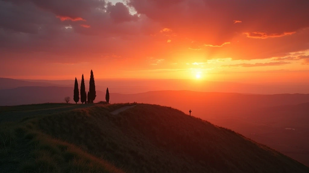 Sonnenuntergang ueber der Val d'Orcia bei Pienza mit Zypressensilhouetten