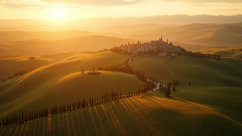 Luftaufnahme der Val d'Orcia bei Pienza zur goldenen Stunde mit Zypressenalleen und Huegellandschaft
