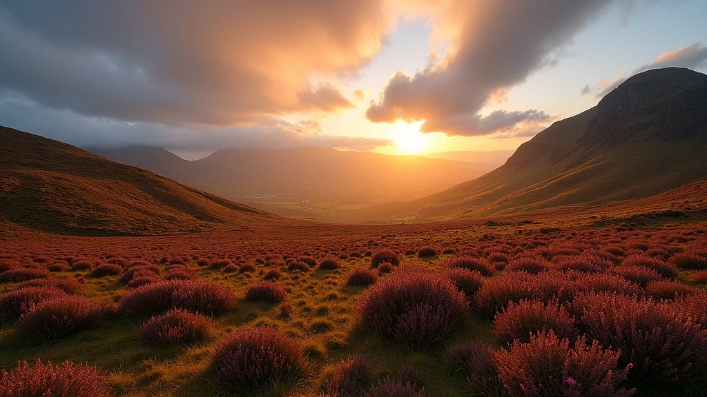 Goldene Stunde auf den Heideflaechen des Ben Vrackie bei Pitlochry, Schottland