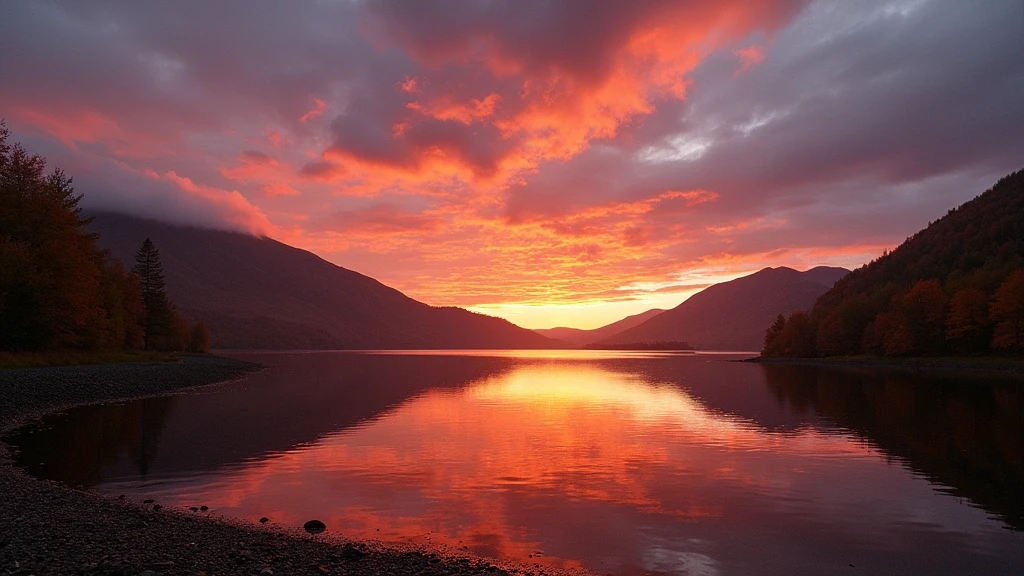 Sonnenuntergang ueber Loch Faskally in Pitlochry, Schottland, mit Spiegelungen im Wasser