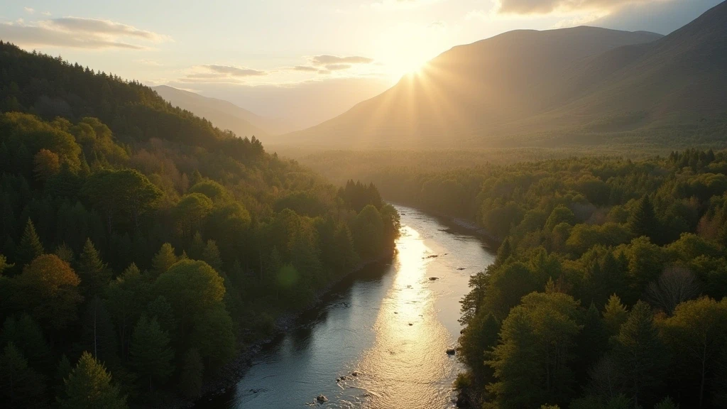 Luftaufnahme des Flusses Tummel in Pitlochry, Schottland, mit Ben Vrackie im Hintergrund zur goldenen Stunde