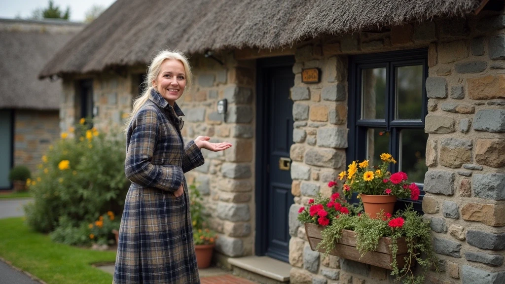 Lokale Fuehrerin zeigt historische Cottage-Architektur in Plockton, Schottland