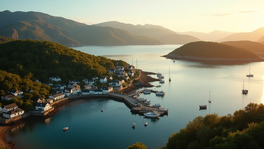 Luftaufnahme von Plockton in Schottland mit Palmen am Ufer und Hochland-Hintergrund zur goldenen Stunde