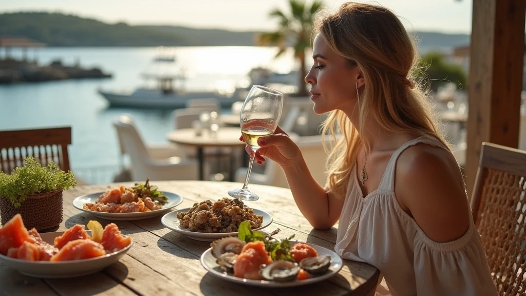 Elegante Frau geniesst Meeresfruechte-Platte am Wasser in Plockton, Schottland