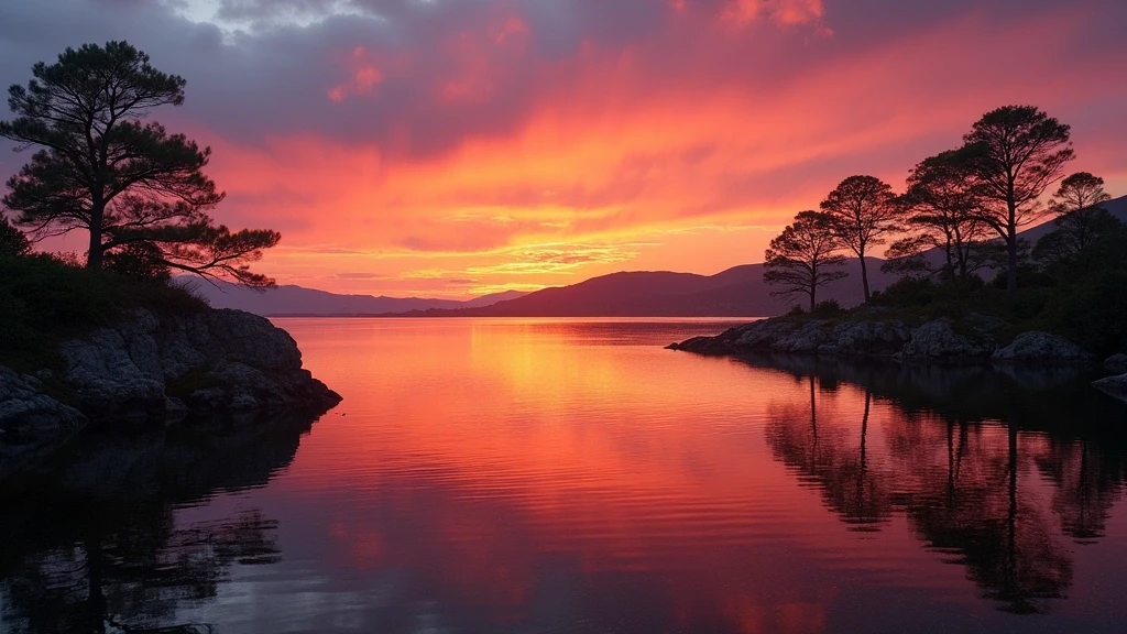 Sonnenuntergang ueber Loch Carron in Plockton mit Palmen-Silhouetten und farbigem Himmel