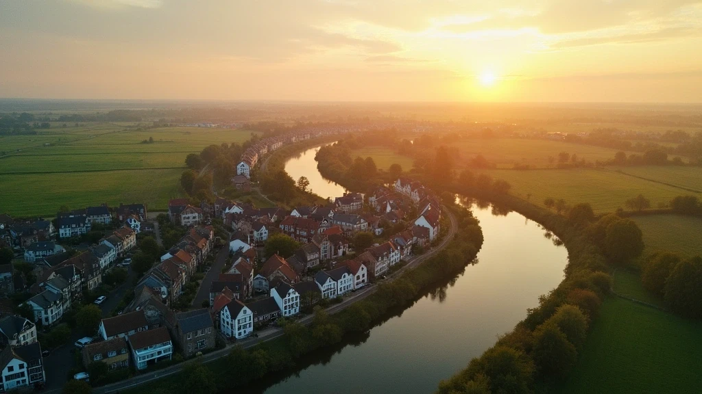 Luftaufnahme von Pont-Audemer mit Fachwerkhaeusern, Kanaelen und der Risle zur goldenen Stunde in der Normandie