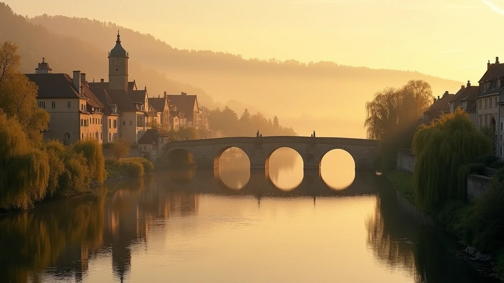 Panoramablick auf die Risle bei Pont-Audemer zur goldenen Stunde mit historischen Bruecken und Fachwerkhaeusern