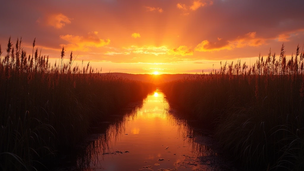 Sonnenuntergang ueber den Marais Vernier Feuchtgebieten bei Pont-Audemer mit goldenem Licht und Schilfsilhouetten