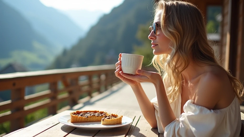 Elegante Frau geniesst Engadiner Nusstorte auf Terrasse mit Alpenblick in Pontresina