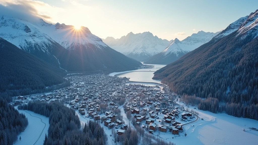 Luftaufnahme von Pontresina in den Engadiner Alpen zur goldenen Stunde mit verschneiten Gipfeln