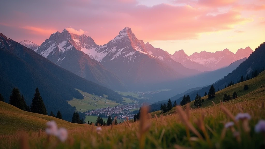 Panoramablick auf das Rosegtal in Pontresina bei Sonnenuntergang mit Berninagruppe