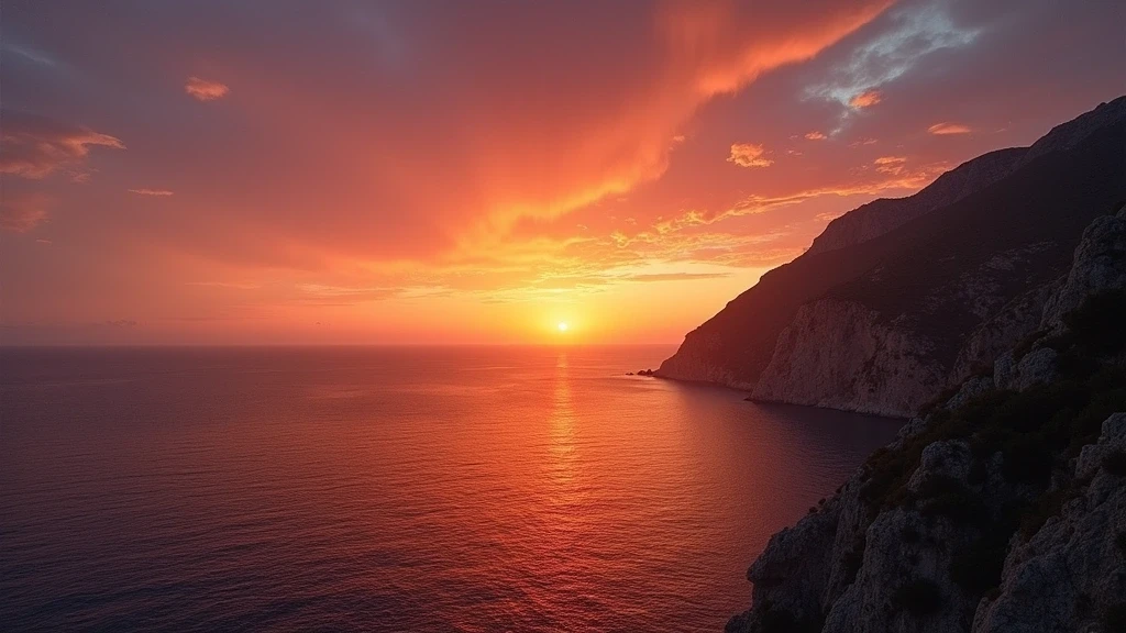 Sonnenuntergang über der felsigen Küste von Ponza mit dramatischem Himmel und ruhigem Meer