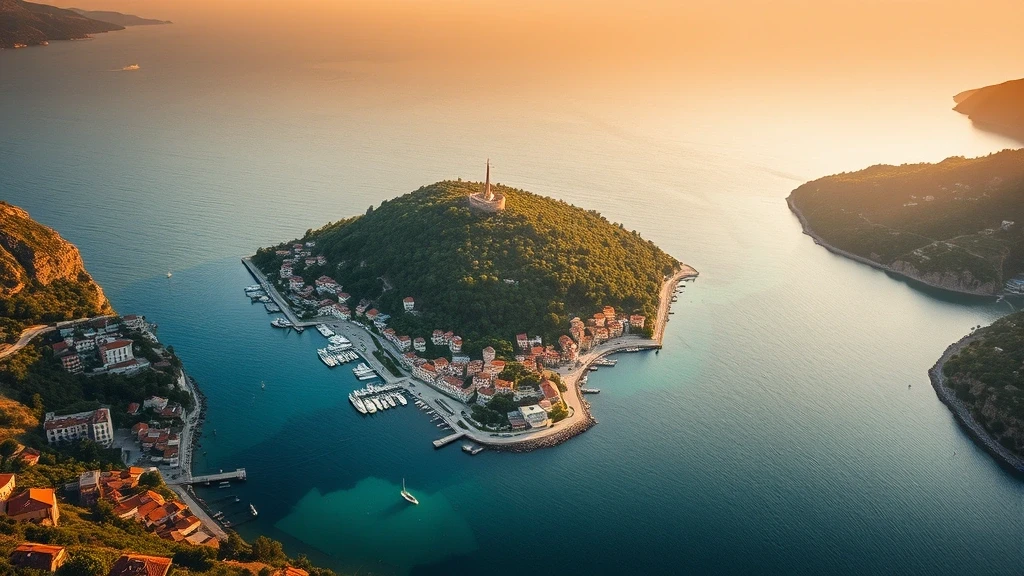 Luftaufnahme von Poros, Griechenland mit Pinienwäldern, Zwillingshäfen und türkisfarbenem Wasser zur goldenen Stunde